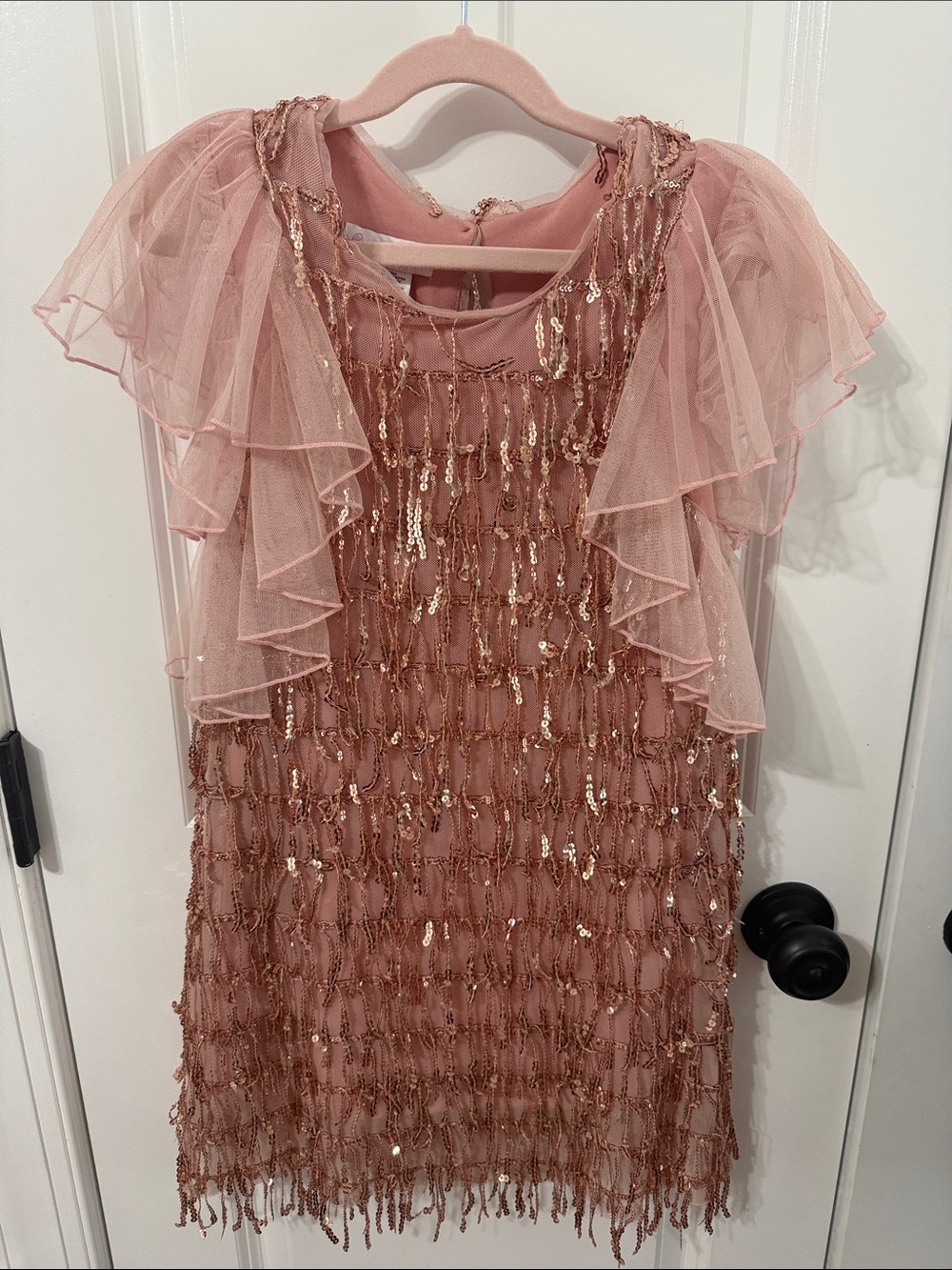 Bonnie Jean Rose Pink Sequin Fringe Tulle Sleeve Dress